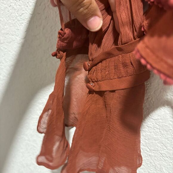 NWOT Jonathan Simkhai Silk V-Neck Blouse XS Brown Long Sleeve Ruffle Lace Detail - Picture 6 of 10